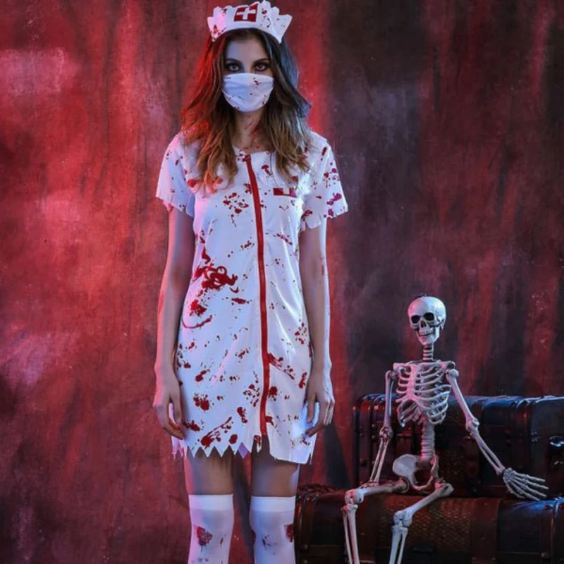 Damen Halloween Kostüm | Kurzarm Kleid mit Blutflecken und Reißverschluss
