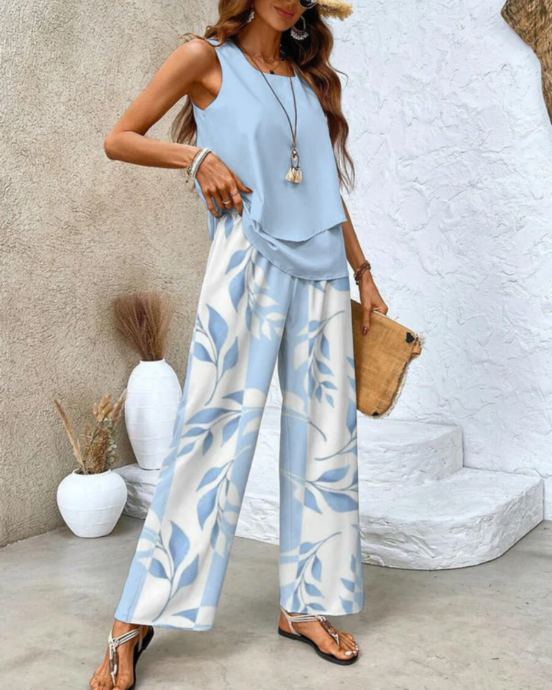 Damen Sommer Set Zweiteiler | Ärmelloses Top & Gerade Hose