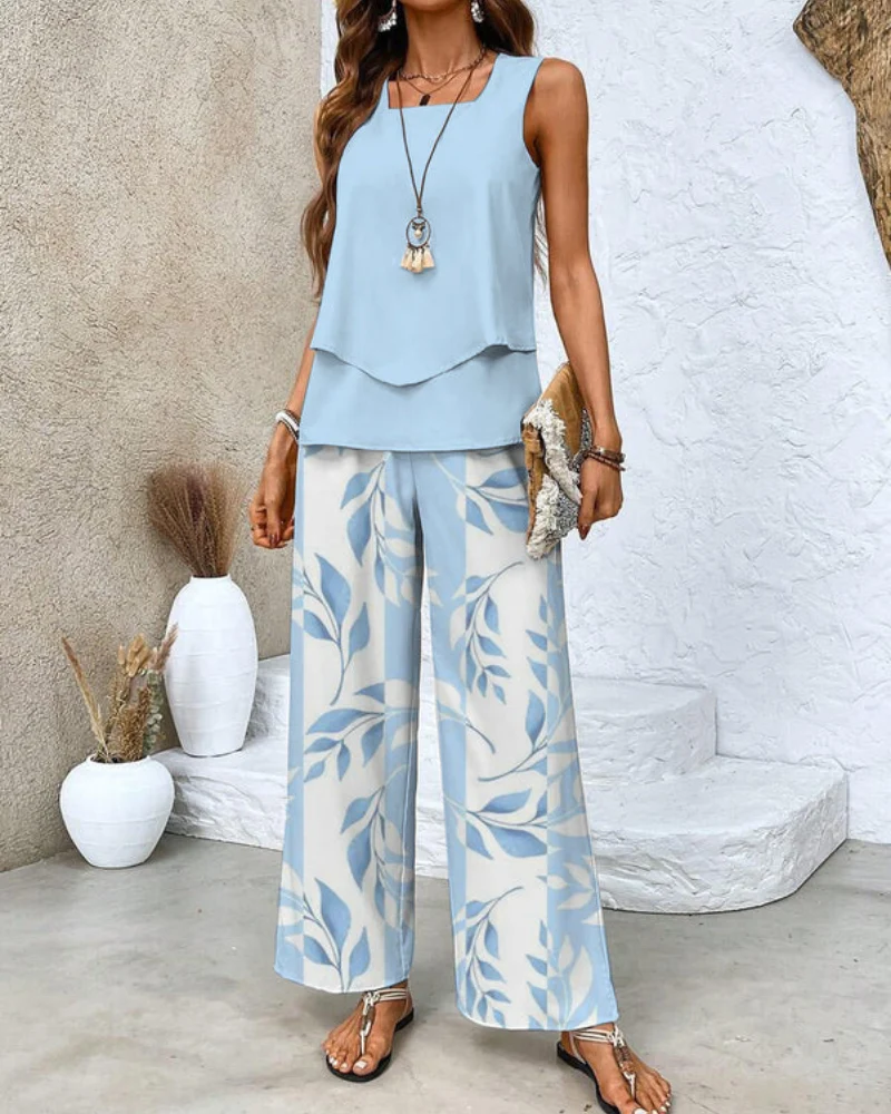 Damen Sommer Set Zweiteiler | Ärmelloses Top & Gerade Hose