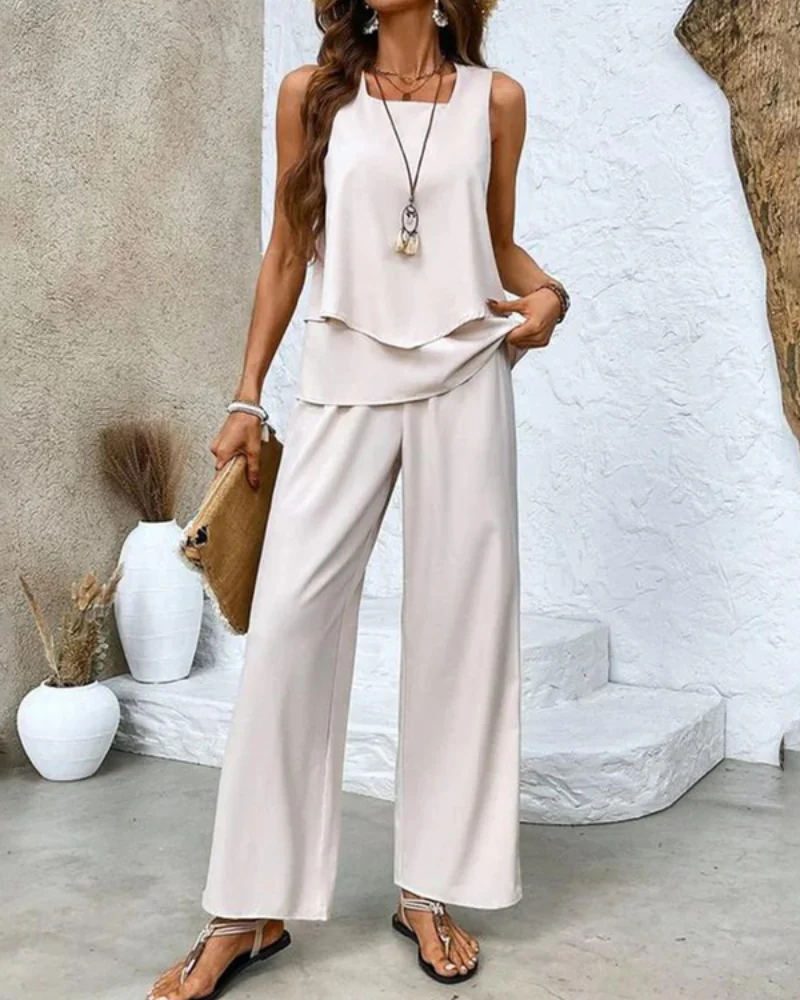Damen Sommer Set Zweiteiler | Ärmelloses Top & Gerade Hose