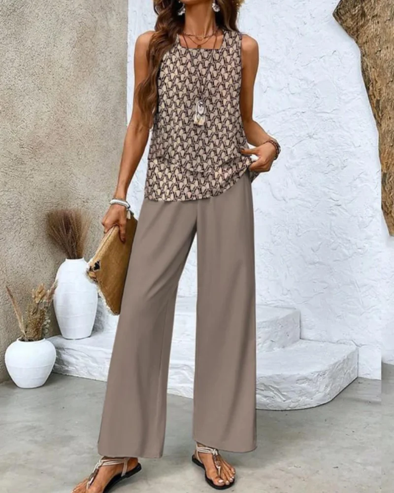Damen Sommer Set Zweiteiler | Ärmelloses Top & Gerade Hose