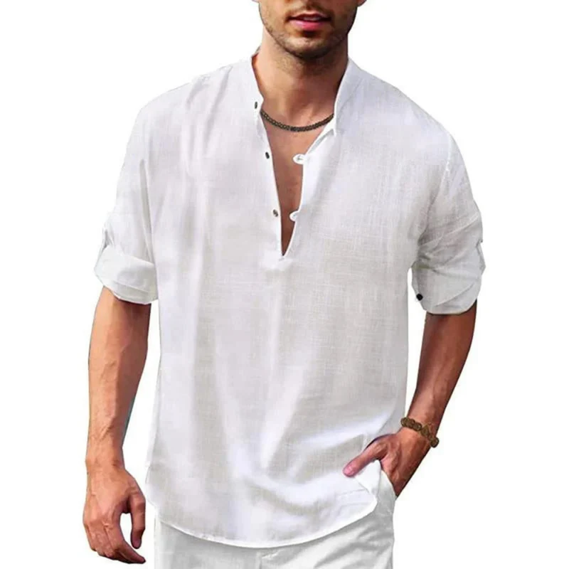 Herren Langarm Shirt mit V-Ausschnitt | Lockeres Freizeithemd mit Knöpfen