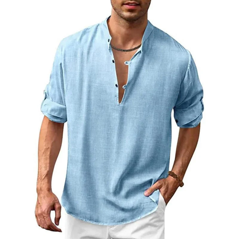 Herren Langarm Shirt mit V-Ausschnitt | Lockeres Freizeithemd mit Knöpfen