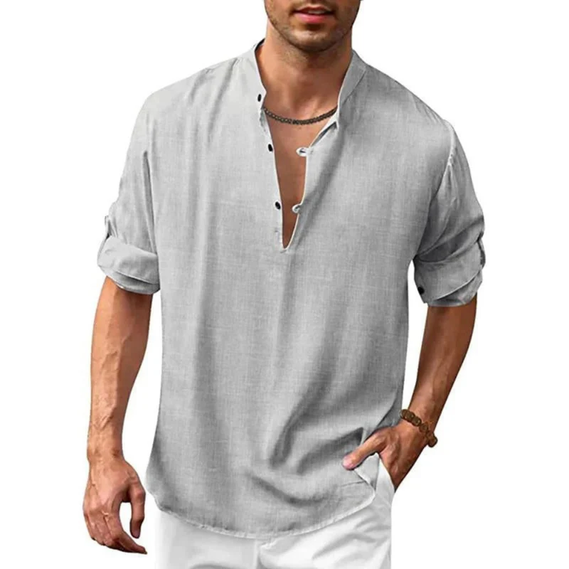 Herren Langarm Shirt mit V-Ausschnitt | Lockeres Freizeithemd mit Knöpfen