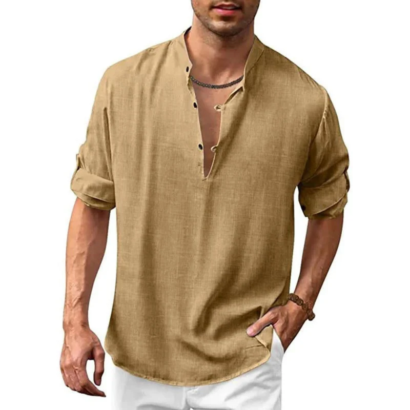 Herren Langarm Shirt mit V-Ausschnitt | Lockeres Freizeithemd mit Knöpfen