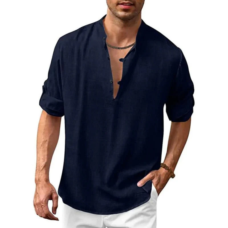 Herren Langarm Shirt mit V-Ausschnitt | Lockeres Freizeithemd mit Knöpfen