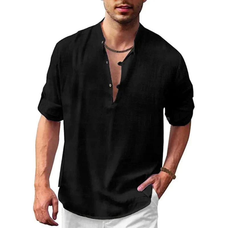 Herren Langarm Shirt mit V-Ausschnitt | Lockeres Freizeithemd mit Knöpfen