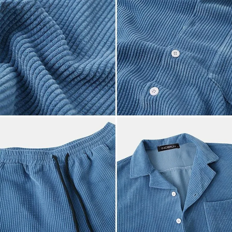 Herren Lässiges Cordhemd und Shorts Set | Retro Casual Kleidung