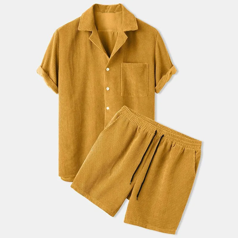 Herren Lässiges Cordhemd und Shorts Set | Retro Casual Kleidung