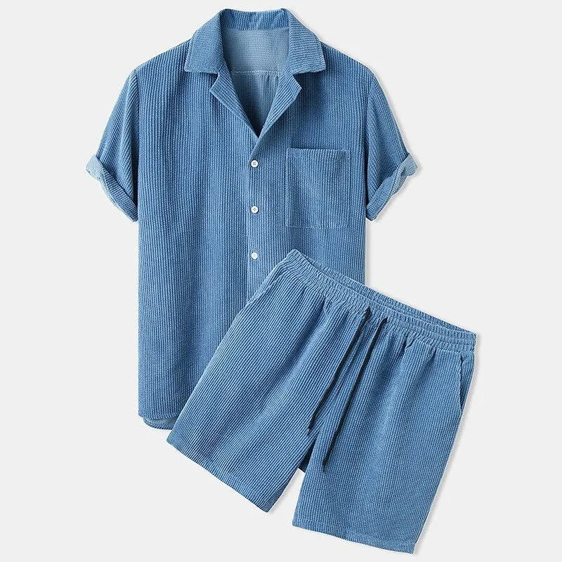 Herren Lässiges Cordhemd und Shorts Set | Retro Casual Kleidung