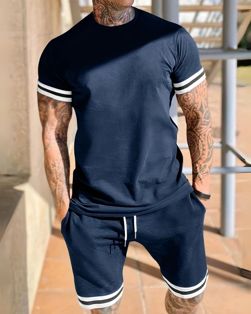 Herren Sport Set mit T-Shirt & Shorts | Zweiteiler mit Streifen für Sommer & Training