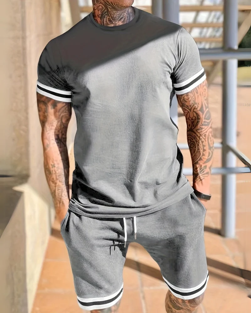 Herren Sport Set mit T-Shirt & Shorts | Zweiteiler mit Streifen für Sommer & Training