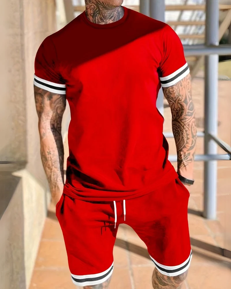Herren Sport Set mit T-Shirt & Shorts | Zweiteiler mit Streifen für Sommer & Training