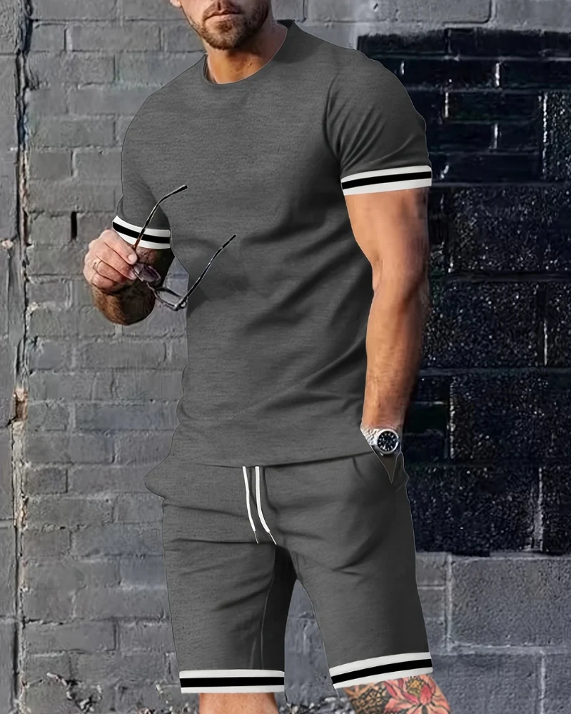 Herren Sport Set mit T-Shirt & Shorts | Zweiteiler mit Streifen für Sommer & Training