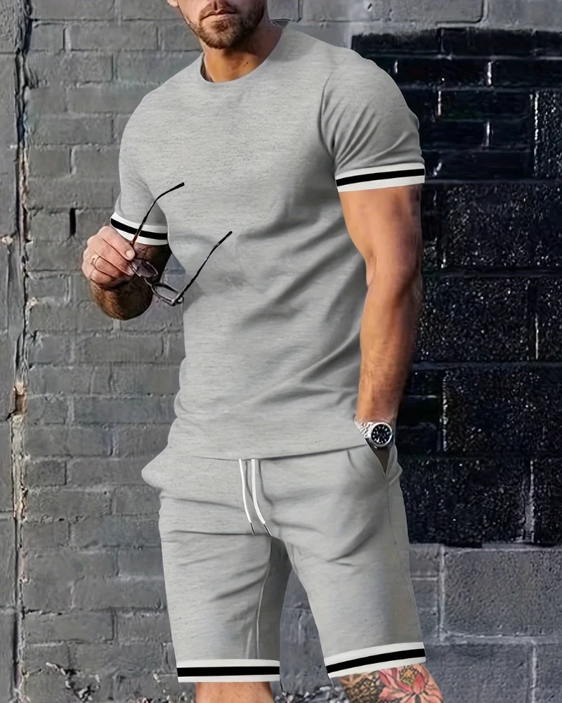 Herren Sport Set mit T-Shirt & Shorts | Zweiteiler mit Streifen für Sommer & Training