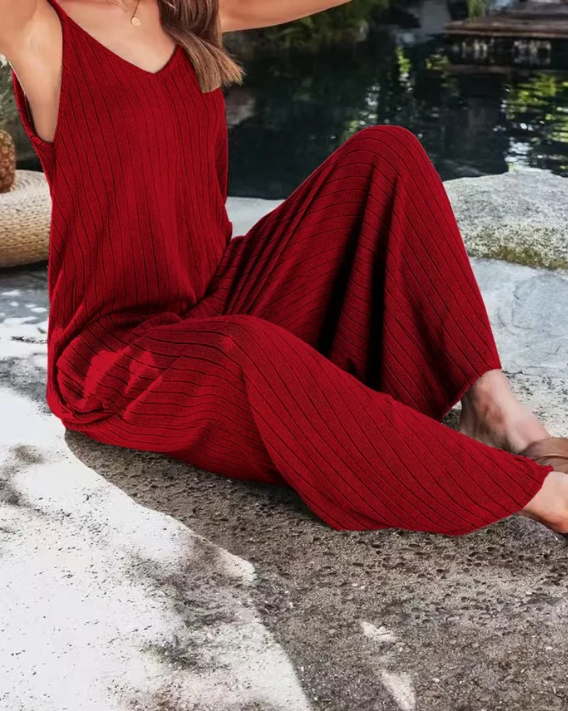 Damen Ärmelloser Gerippter Jumpsuit | Weites Bein