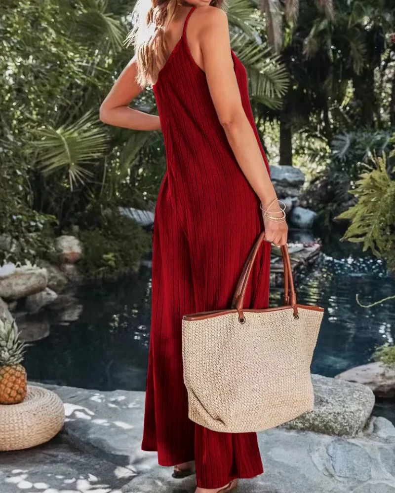 Damen Ärmelloser Gerippter Jumpsuit | Weites Bein