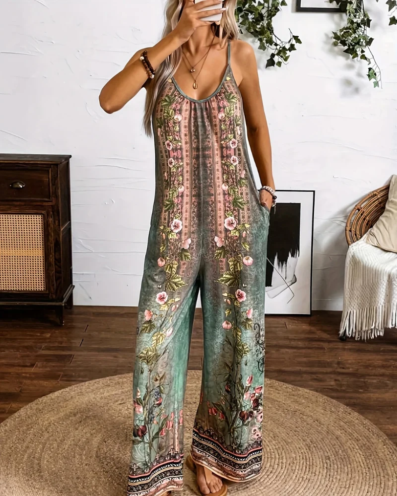 Damen Boho Jumpsuit Mit Blumenmuster | Ärmellos & Weites Bein