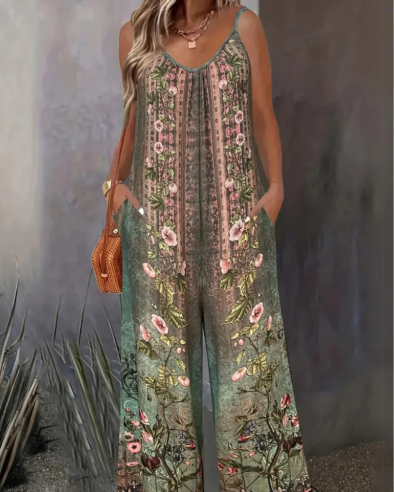 Damen Boho Jumpsuit Mit Blumenmuster | Ärmellos & Weites Bein