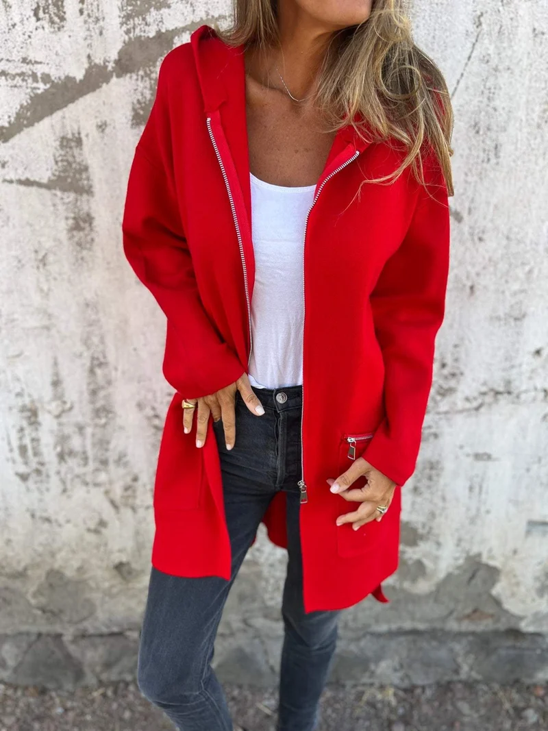 Lange Strickjacke mit Kapuze