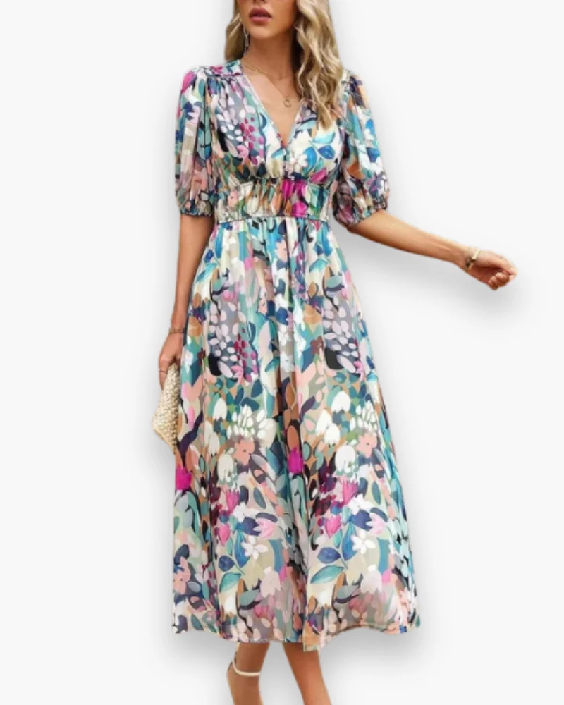 Damen Elegantes Blumenmuster Kleid | Midi Sommerkleider