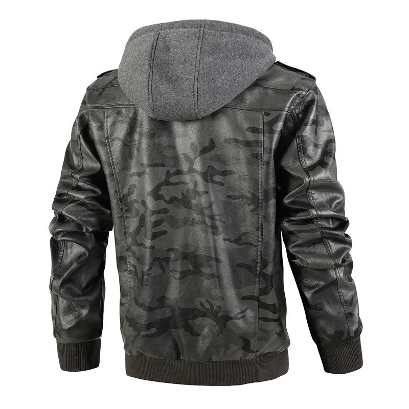 Herren Camouflage Lederjacke mit Kapuze und Taschen