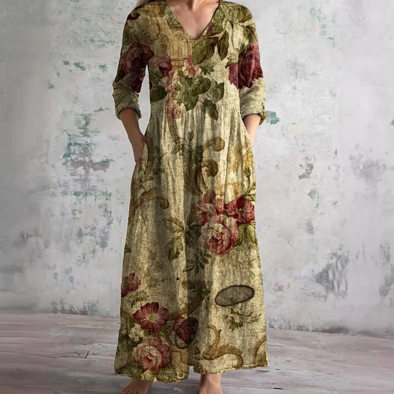 Geblümtes Maxikleid mit Dreiviertelärmeln