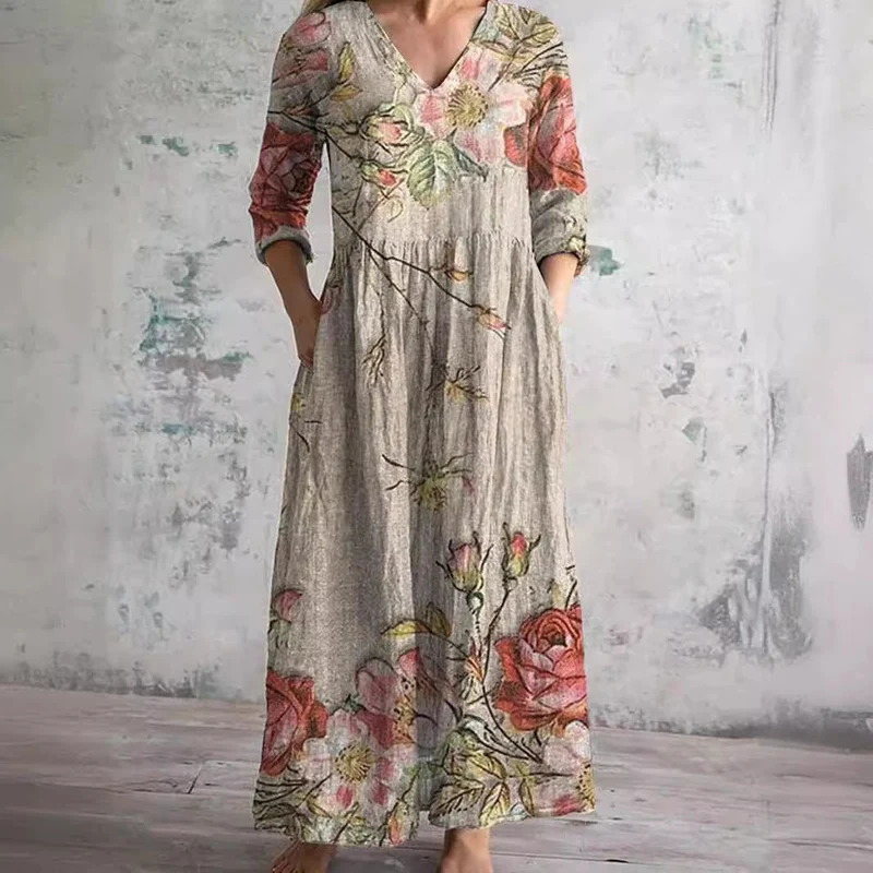 Geblümtes Maxikleid mit Dreiviertelärmeln