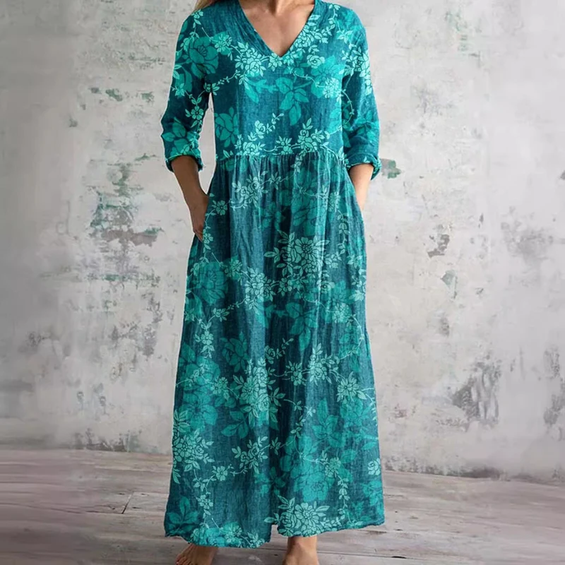Geblümtes Maxikleid mit Dreiviertelärmeln