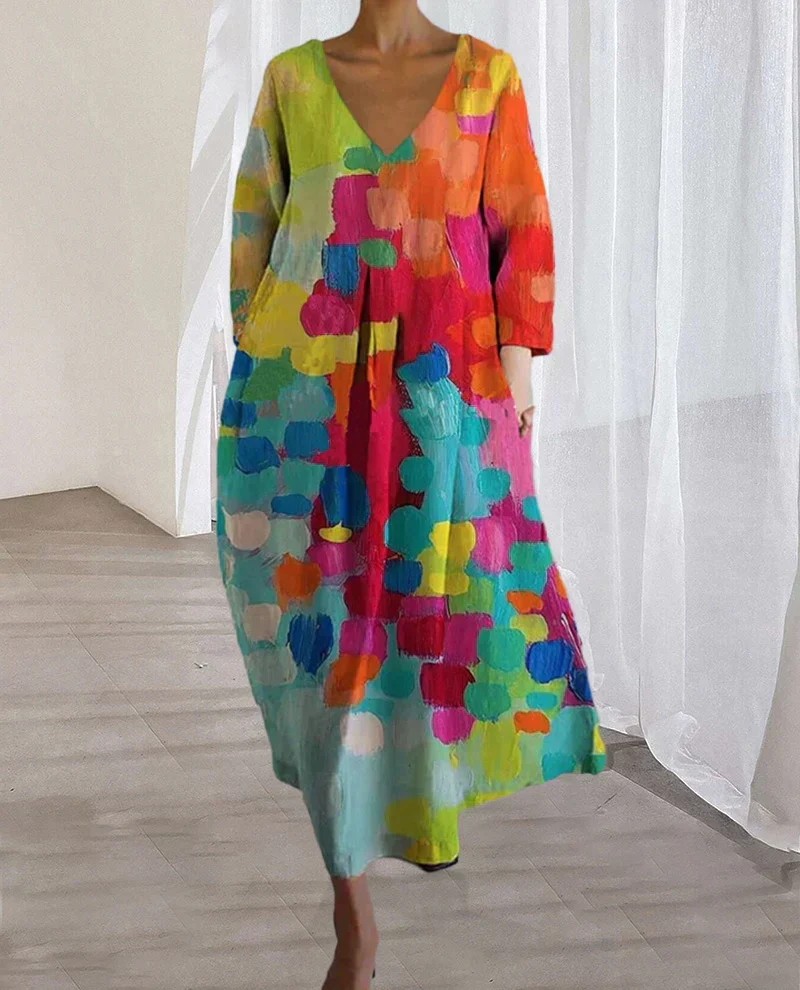 Bunt Bedrucktes Kleid mit V-Ausschnitt