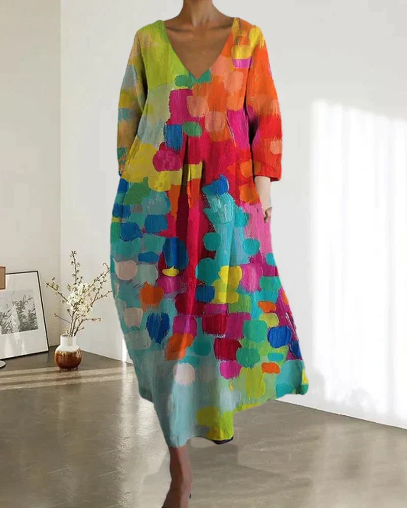 Bunt Bedrucktes Kleid mit V-Ausschnitt