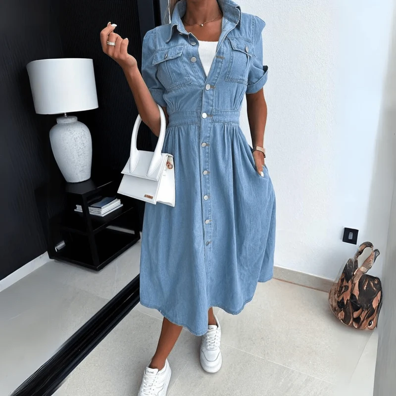 Vintage Denim Kurzarm Midikleid