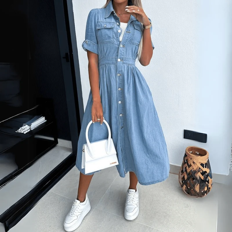 Vintage Denim Kurzarm Midikleid