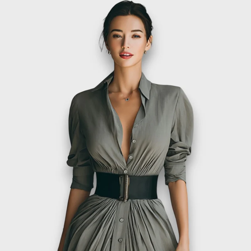 Marlenia – Maxikleid mit Kragen und Bindegürtel