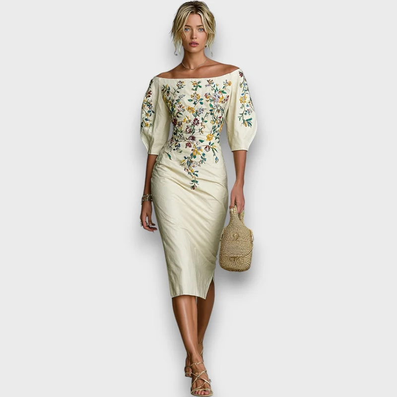 Florisse – Besticktes Midi-Kleid mit Carmen-Ausschnitt
