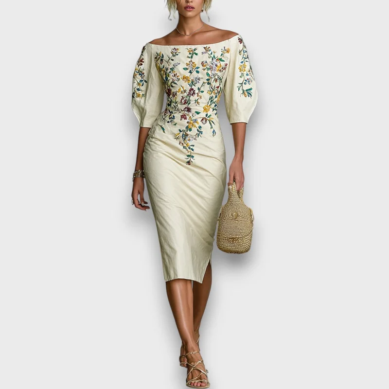 Florisse – Besticktes Midi-Kleid mit Carmen-Ausschnitt