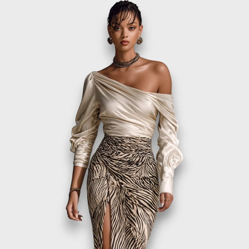 Alessira – Langes Satin-Top mit Off-Shoulder-Design