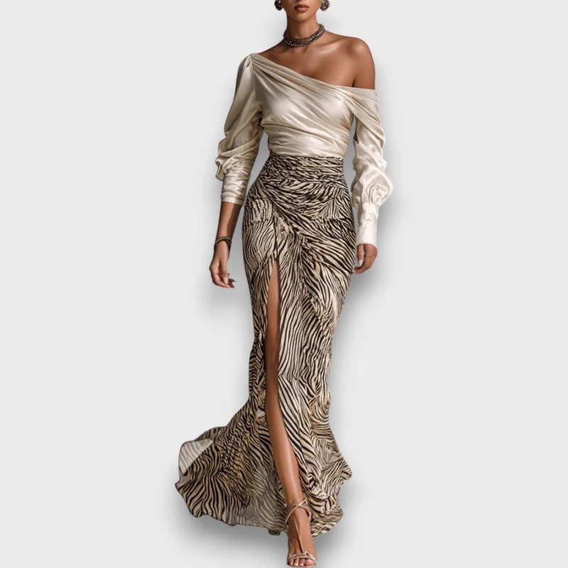 Alessira – Langes Satin-Top mit Off-Shoulder-Design