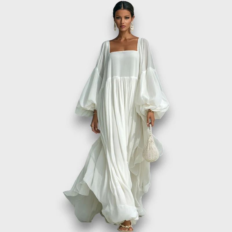 Elviera – Fließendes Maxikleid mit Falten und Ballonärmeln