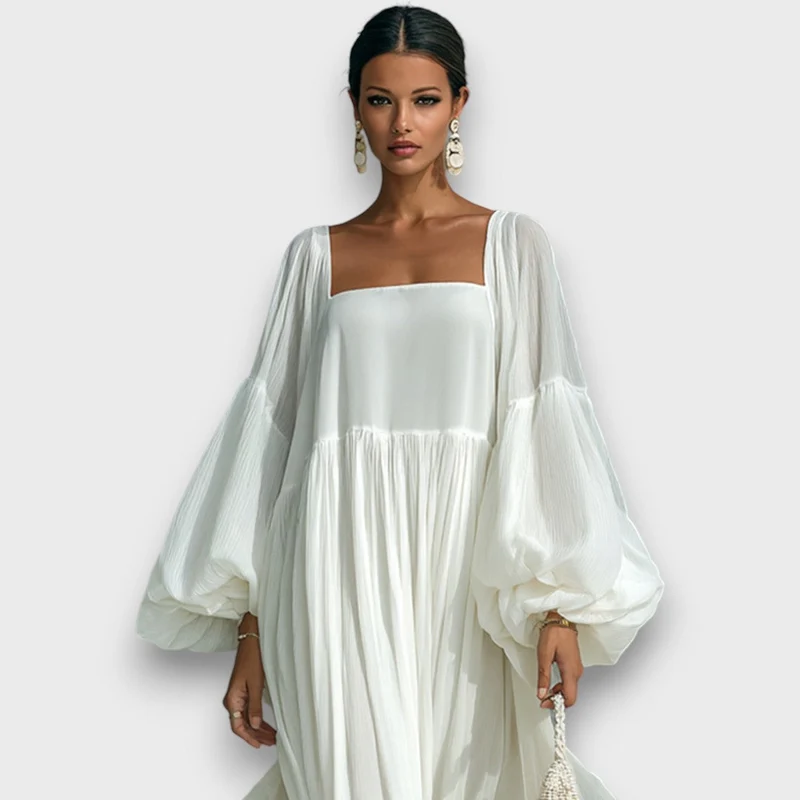 Elviera – Fließendes Maxikleid mit Falten und Ballonärmeln