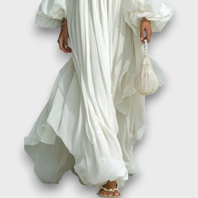 Elviera – Fließendes Maxikleid mit Falten und Ballonärmeln
