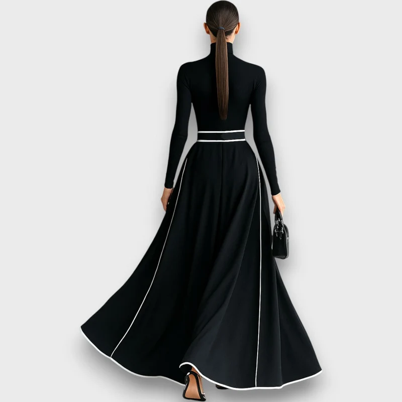 Marceline – Schwarzes Maxikleid mit weißen Nähten