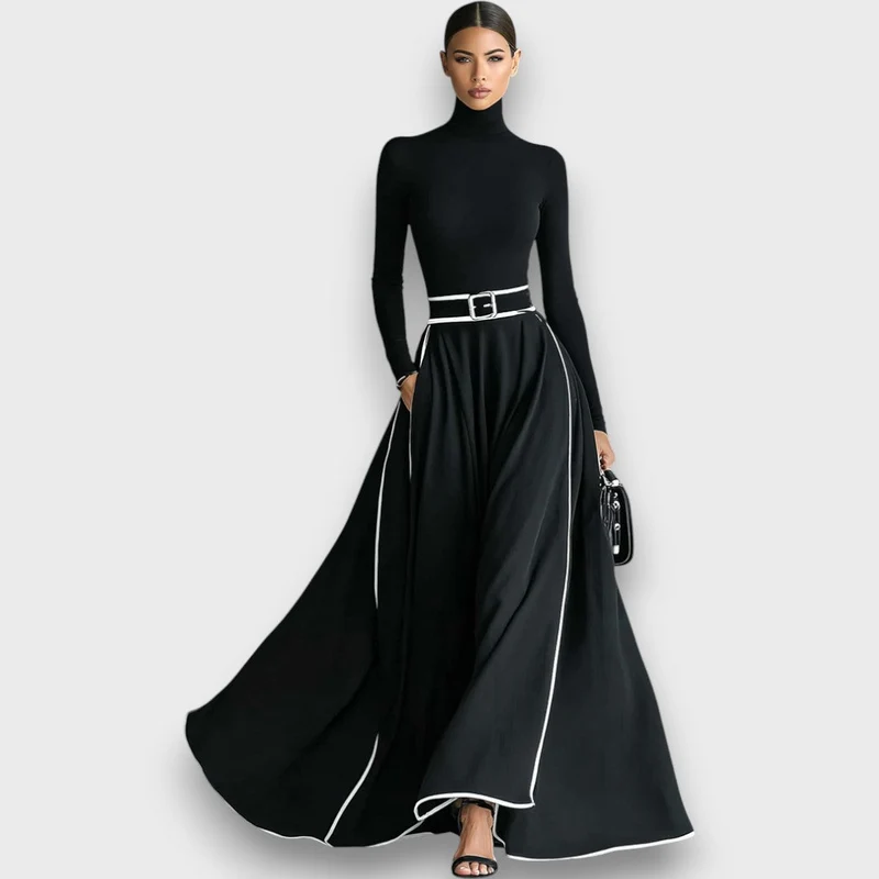 Marceline – Schwarzes Maxikleid mit weißen Nähten