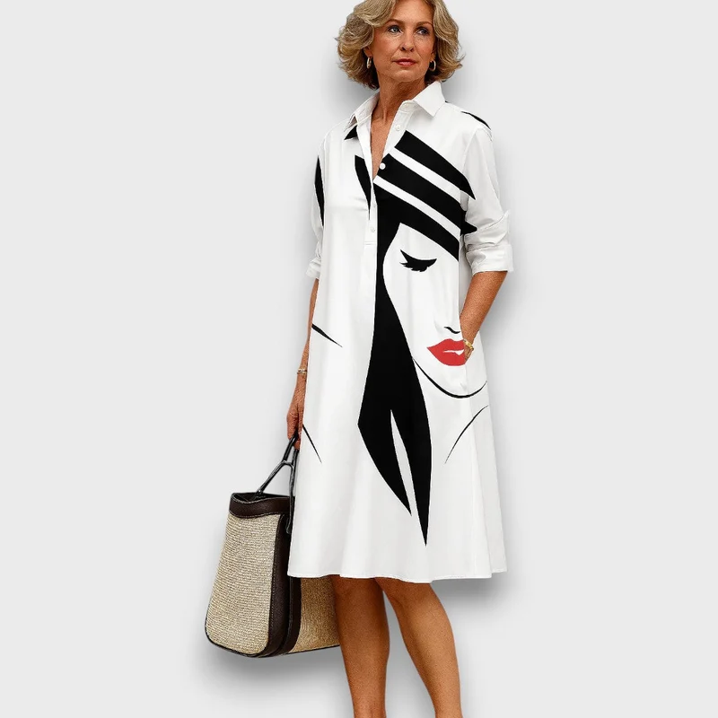 Elvire – Hemdblusenkleid mit grafischem Gesichtsmotiv