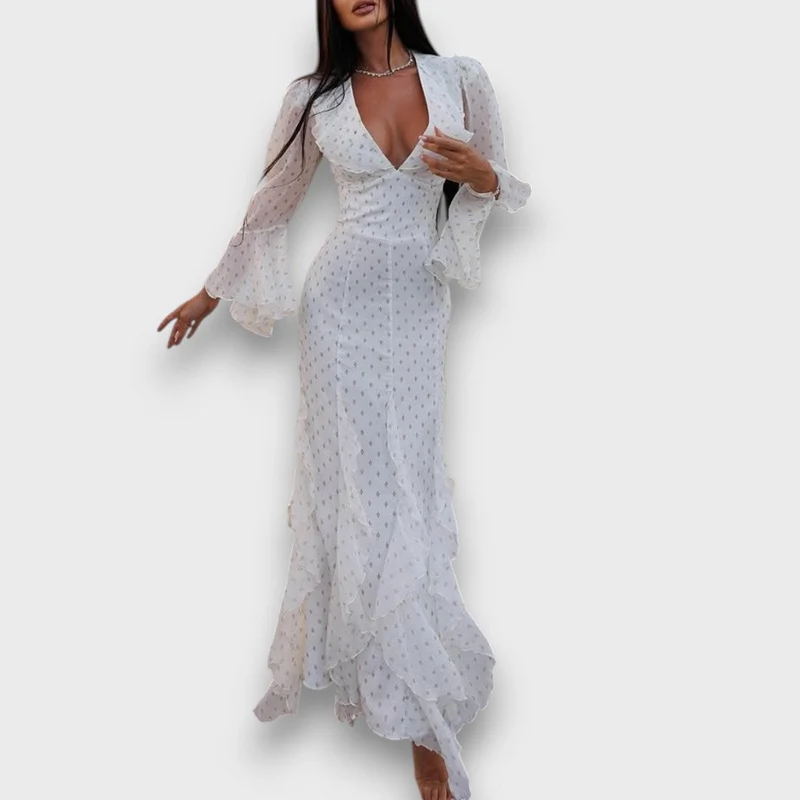 Avenea – Elegantes Maxikleid mit Volants und V-Ausschnitt