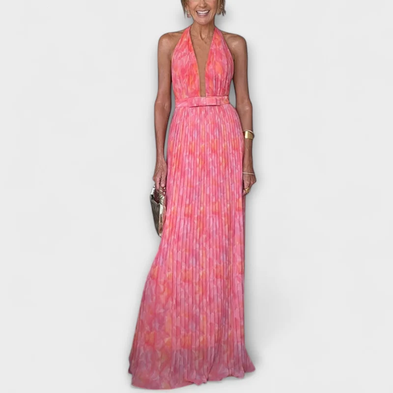 Seraphina - Schickes Halter Neck V-Ausschnitt Plissiertes Maxikleid