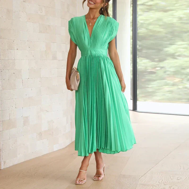 Langes Plissiertes Kleid mit Gürtel