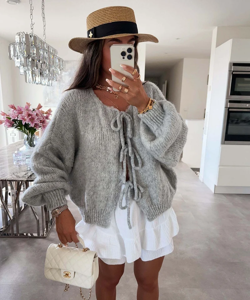 Einfarbiger Rundhals-Lace-Up-Cardigan