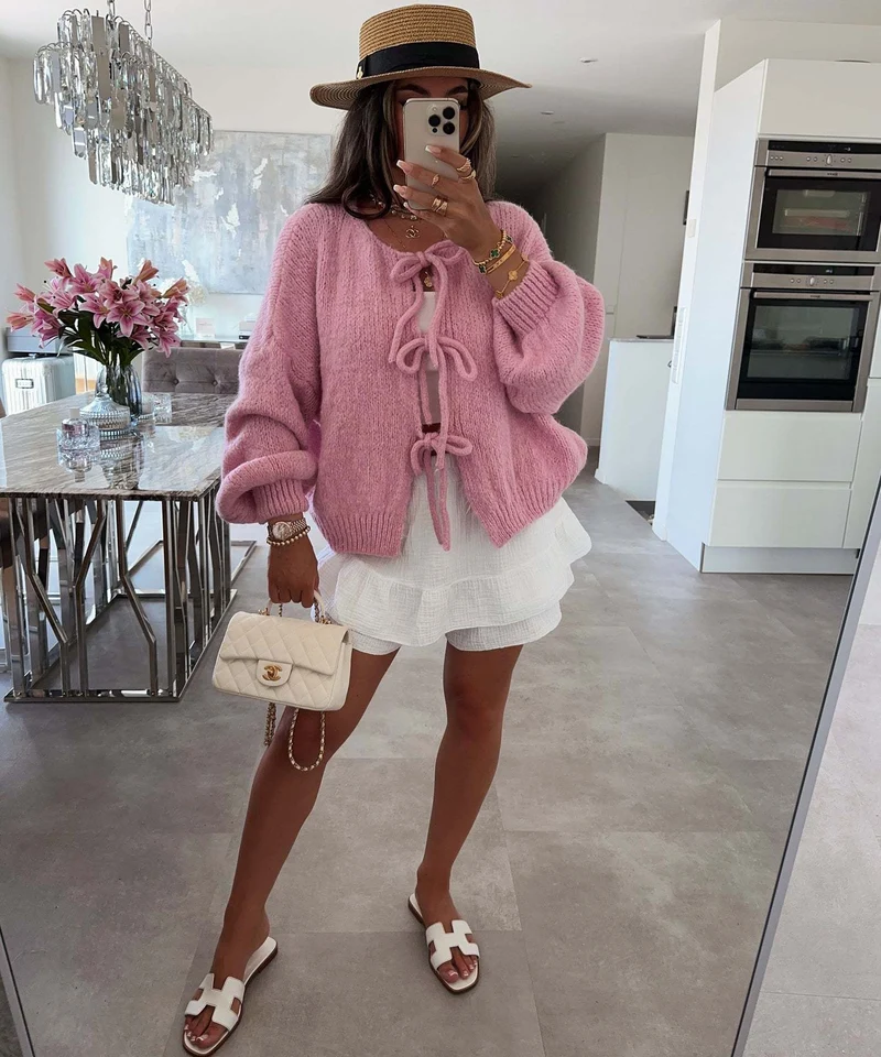 Einfarbiger Rundhals-Lace-Up-Cardigan