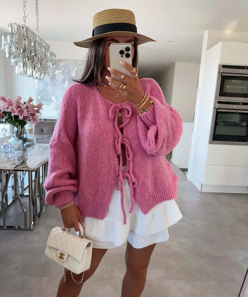 Einfarbiger Rundhals-Lace-Up-Cardigan